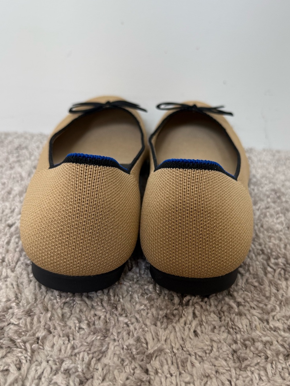 Rothy's Tan Round Toe Ballet Flats with Black Trim and Bow - Picture 5 of 11